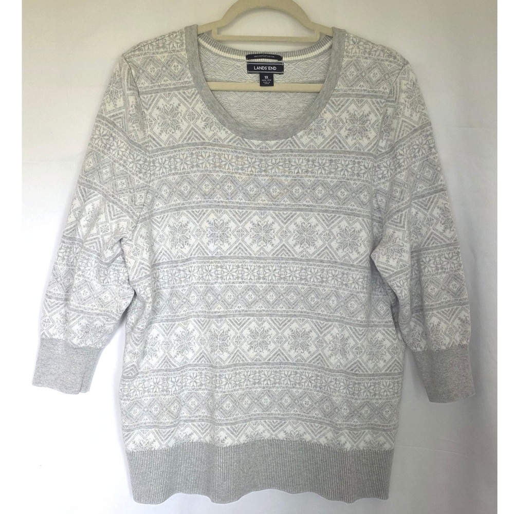 Lands' End Fair Isle Supima Cotton Sweater 1X 16W-18W 3/4 Sleeve Snowflake Print